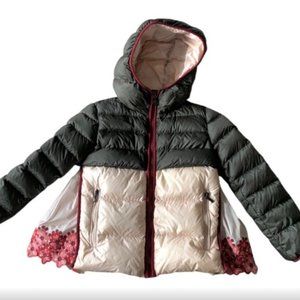 Moncler Goose Down Color-Block Zip Up Puffer Jacket Embroidered Sz Green Ivory